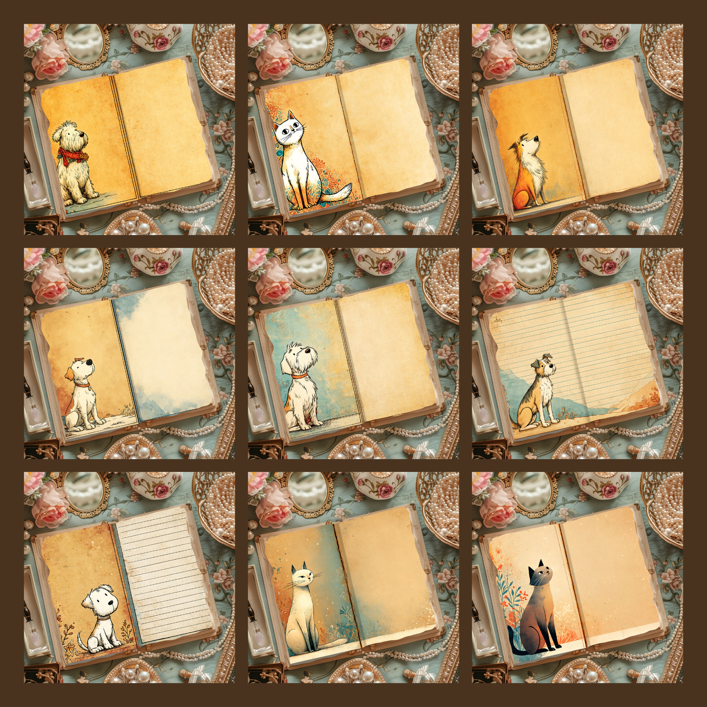 Illustrated Junk Journal Horizontal Pages Dog and Cat