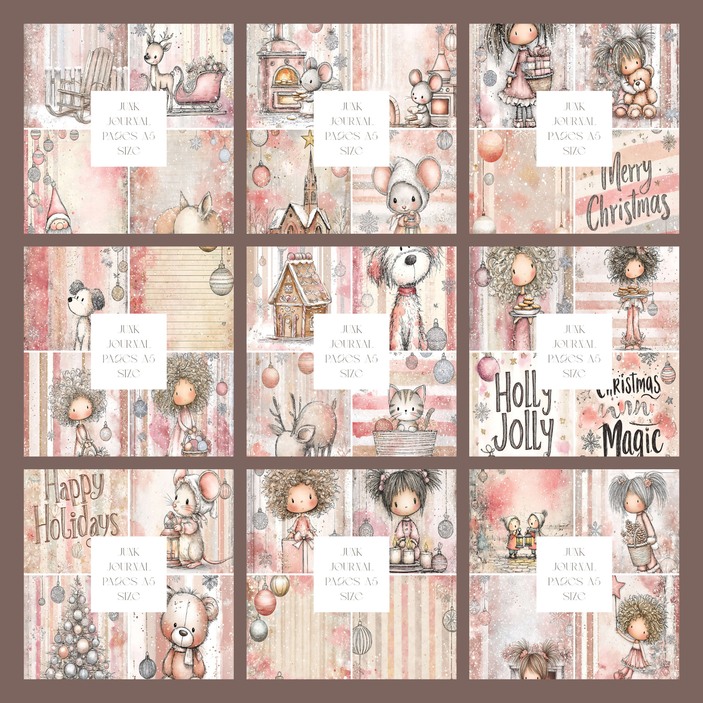 Illustrated Junk Journal Pages Pink Christmas