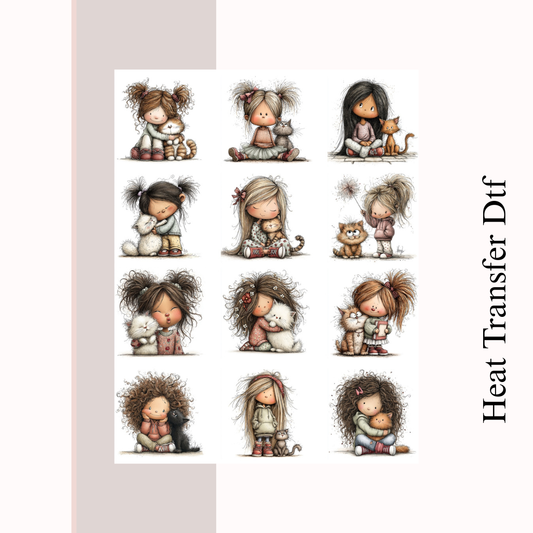 Girl with Cat Heat Transfer DTF