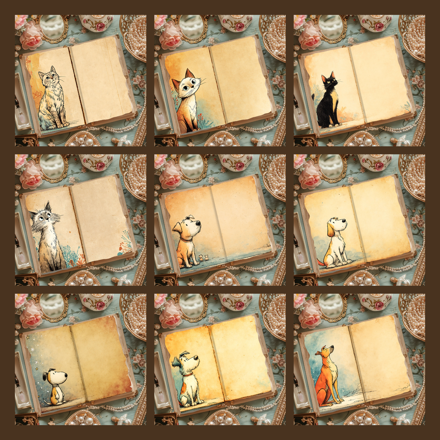 Illustrated Junk Journal Horizontal Pages Dog and Cat