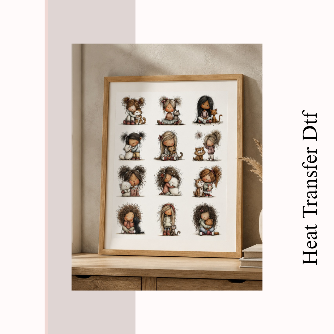 Girl with Cat Heat Transfer DTF