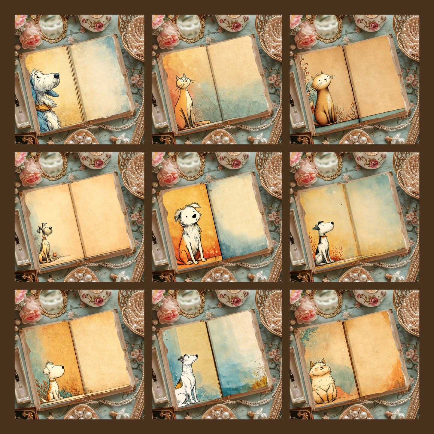 Illustrated Junk Journal Horizontal Pages Dog and Cat