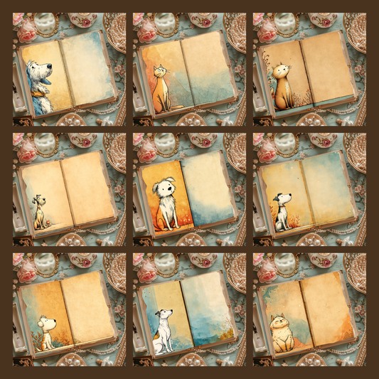 Illustrated Junk Journal Horizontal Pages Dog and Cat