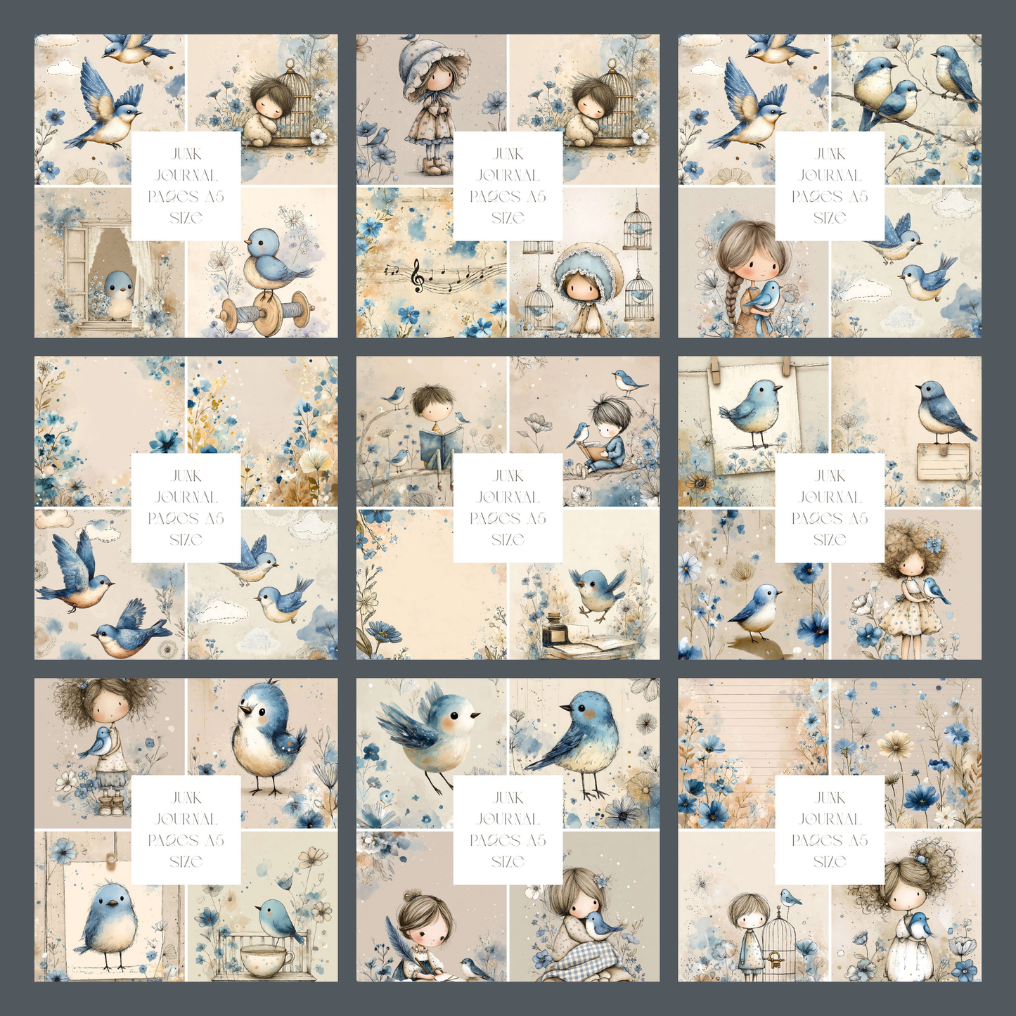 Illustrated Junk Journal Pages Blue Bird