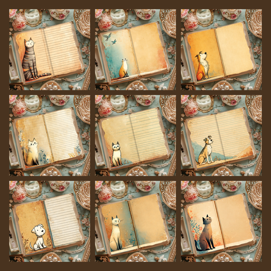 Illustrated Junk Journal Horizontal Pages Dog and Cat
