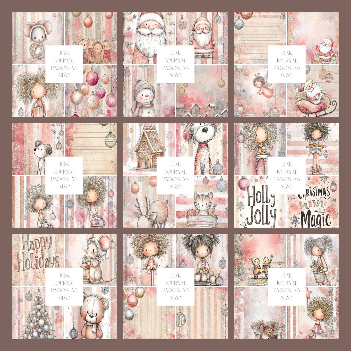 Illustrated Junk Journal Pages Pink Christmas